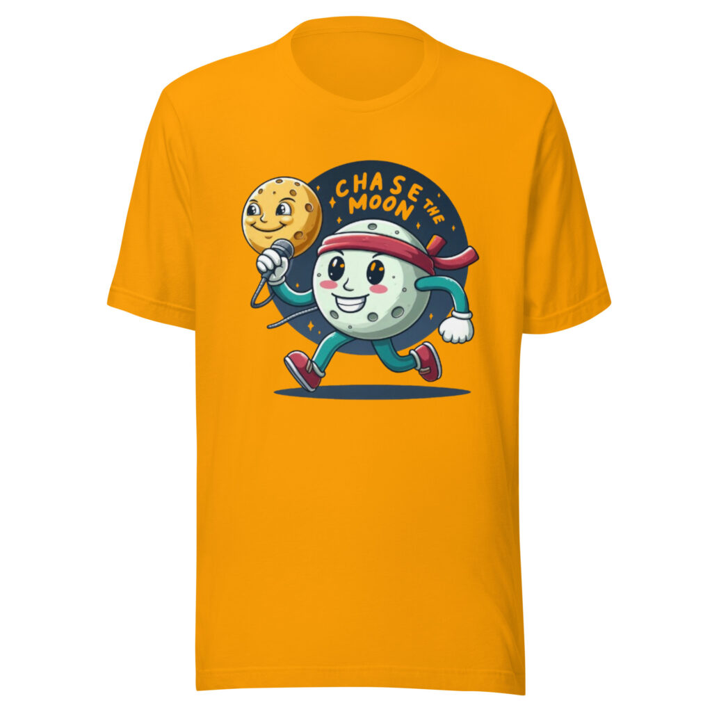 Whimsical illustration of a moon with legs on a T-shirt design.