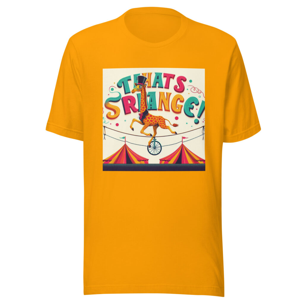 Whimsical giraffe on a unicycle riding a tightrope, wearing a top hat. T-shirt design.